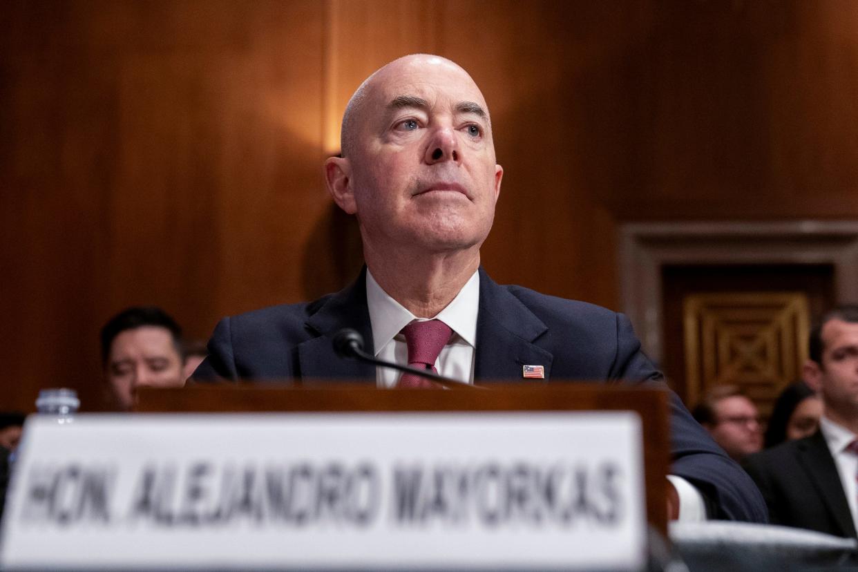 Secretary of Homeland Security Alejandro Mayorkas testifies during a Senate Homeland Security and Governmental Affairs Committee hearing on threats to the homeland, Oct. 31, 2023, on Capitol Hill in Washington.