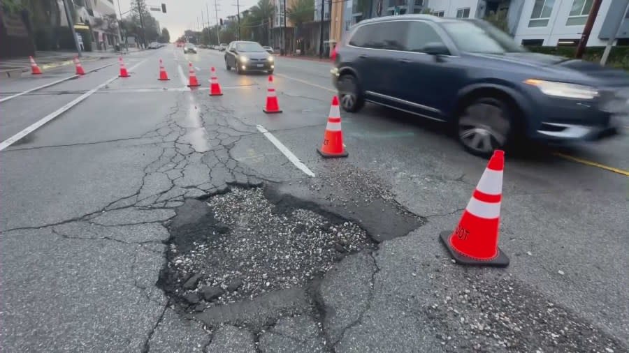 Newly formed potholes giving Southern California motorists headaches 