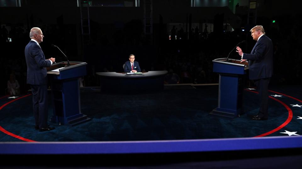 President Donald Trump and Democratic presidential candidate former Vice President Joe Biden participate in the first presidential debate Tuesday, Sept. 29, 2020, at Case Western University and Cleveland Clinic, in Cleveland. (Olivier Douliery/Pool vi AP)