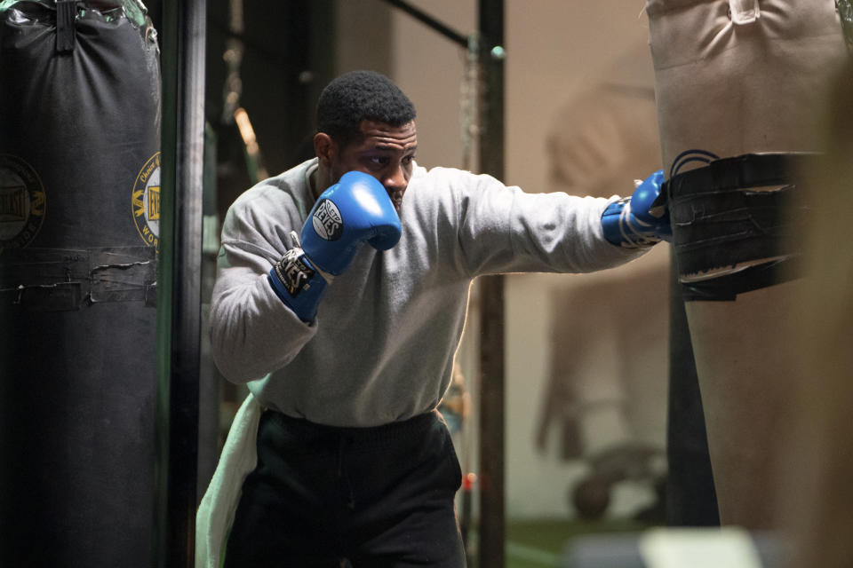 This image released by MGM shows Jonathan Majors in a scene from "Creed III." (Eli Ade/MGM via AP)