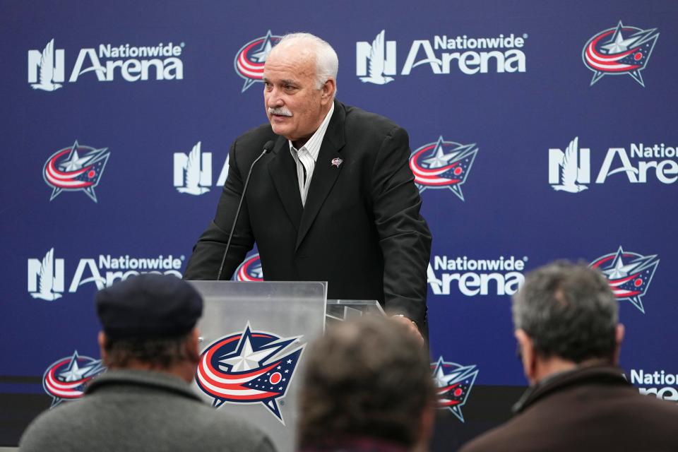 Feb 15, 2024; Columbus, Ohio, USA; Columbus Blue Jackets president John Davidson speaks during a press conference after firing general manager Jarmo Kekalainen at Nationwide Arena.