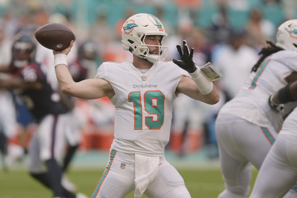 Miami Dolphins quarterback Skylar Thompson (19) aims a pass during the second half of an NFL football game against the Houston Texans, Sunday, Nov. 27, 2022, in Miami Gardens, Fla. (AP Photo/Michael Laughlin)