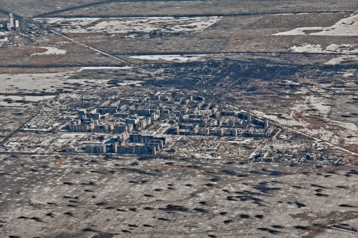 An aerial view of Vuhledar, the site of heavy battles with the Russian troops in the Donetsk region, Ukraine, Friday, Feb. 10, 202