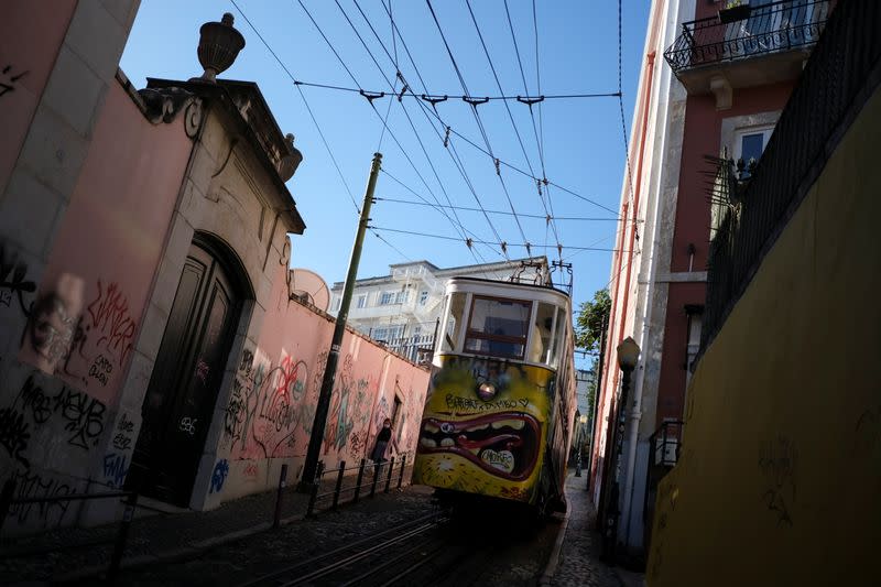 A tram is seen in downtown Lisbon