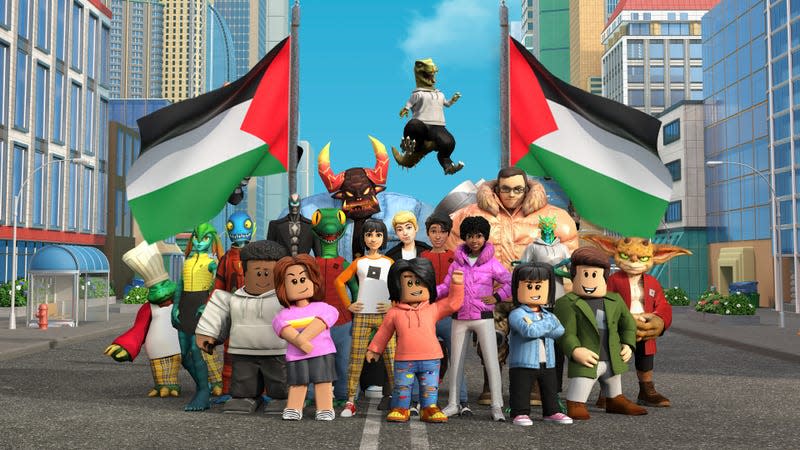 A collection of Roblox characters stand in the middle of a city street, with two Palestinian flags in the background. 