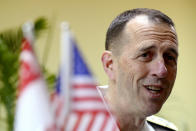 U.S. Chief of Naval Operations Adm. John Richardson fields questions during a media roundtable on the sidelines of the International Maritime Defense Exhibition in Singapore, Wednesday, May 15, 2019. (AP Photo/Yong Teck Lim)