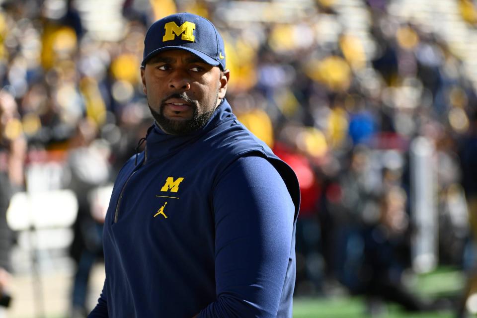 Michigan Wolverines acting head coach Sherrone Moore before the game against the Maryland Terrapins in College Park, Maryland, Nov. 18, 2023.