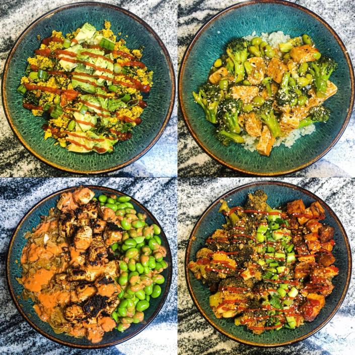 Four different photos of tofu dishes served with vegetables in blue bowls merged together