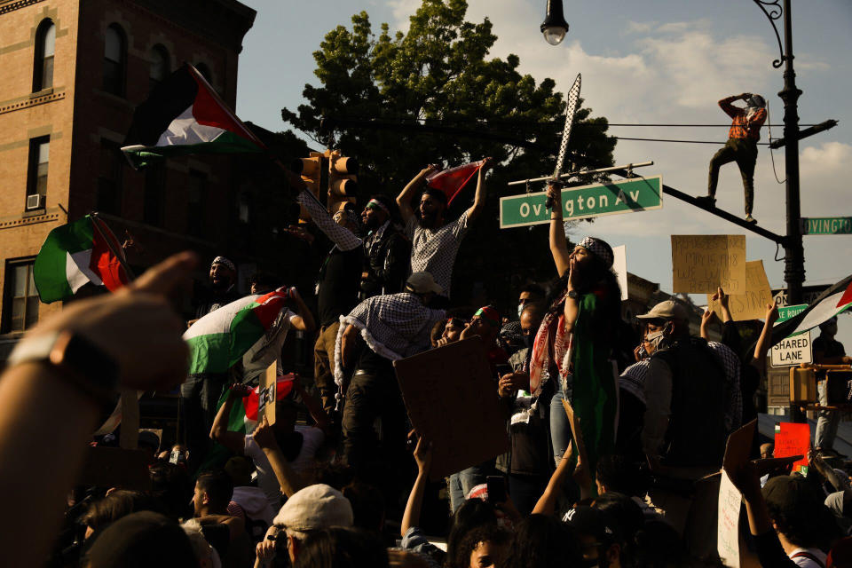 Pro-Palestinian protesters gather in Brooklyn, N.Y., on Saturday to mark Nakba Day, an annual commemoration of the displacement of hundreds of thousands of Palestinians from their homes in 1948, and to demand an end to Israeli airstrikes over the Gaza Str (Julius Constantine Motal / NBC News)