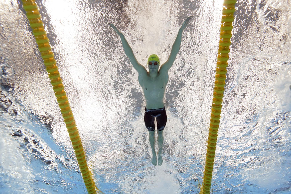 Australia's Brendon Smith swims to win the bronze medal in the 400-meter individual medley at the 2020 Summer Olympics, Sunday, July 25, 2021, in Tokyo. (AP Photo/David J. Phillip)