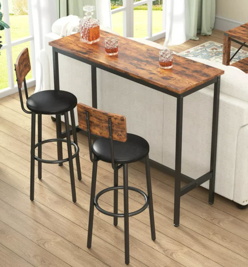 wooden tall counter table with two stools