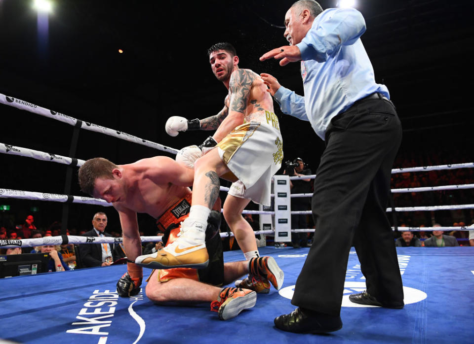 Jeff Horn struggles to get off the canvas after being knocked down by Michael Zerafa during the Australian Middleweight bout between Jeff Horn and Michael Zerafa at Bendigo Stadium on August 31, 2019 in Bendigo, Australia. (Photo by Quinn Rooney/Getty Images)
