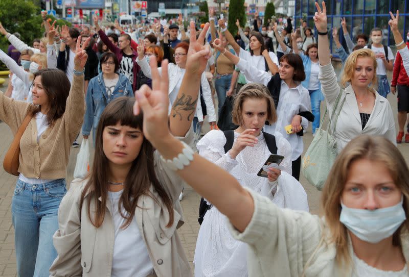 Women take part in a demonstration against police violence in Minsk