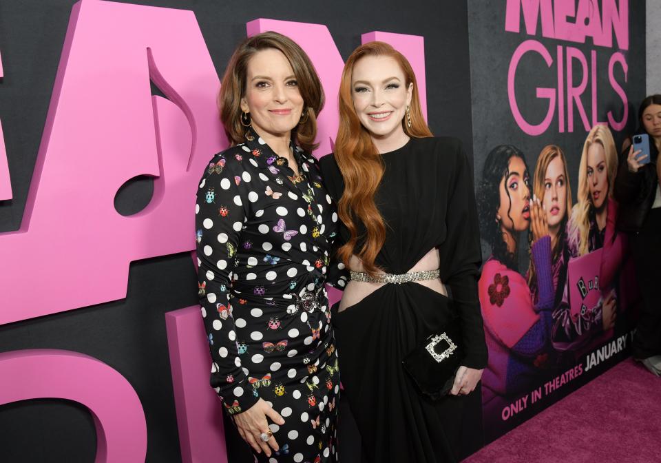 Tina Fey and Lindsay Lohan at the "Mean Girls" premiere at AMC Lincoln Square in New York City.