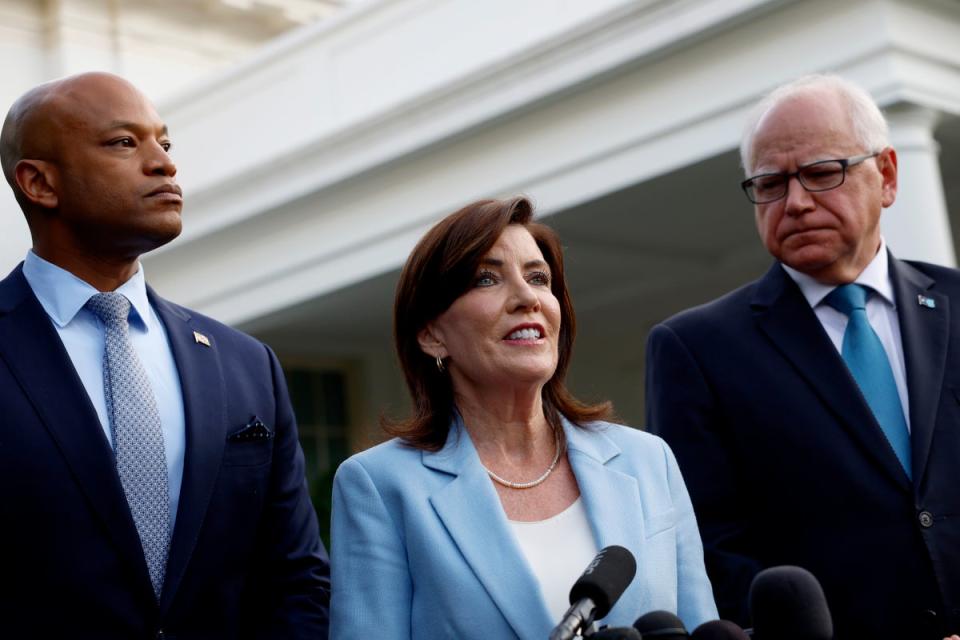 Democratic governors Wes Moore of Maryland, Kathy Hochul of New York and Tim Walz of Minnesota speak to reporters after meeting with President Joe Biden on July 3. (Getty Images)