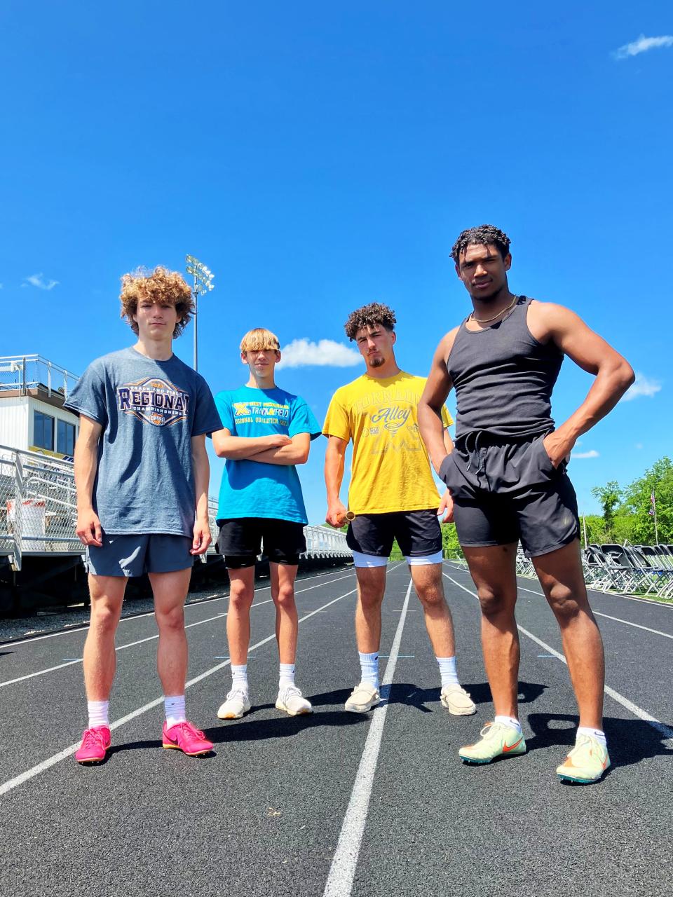 West Muskingum's 4x100 relay team of sophomore Lane Kennedy, left, freshman Jaxon Prang, senior Ty Shawger and junior Rashid Sesay will compete in the Division II state track and field meet on Friday at Ohio State's Jesse Owens Memorial Stadium. The team broke the school record in the event last weekend at the regional at Muskingum University.