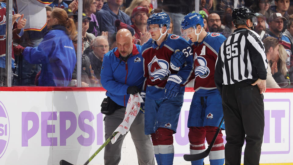 Avalanche forward Artturi Lehkonen #62 left Thursday's game against the Kraken after a scary spill into the boards. (Photo by Michael Martin/NHLI via Getty Images)