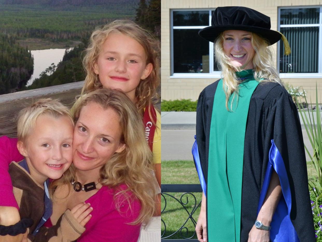 Nadine Robinson with her kids and her in her graduation gown