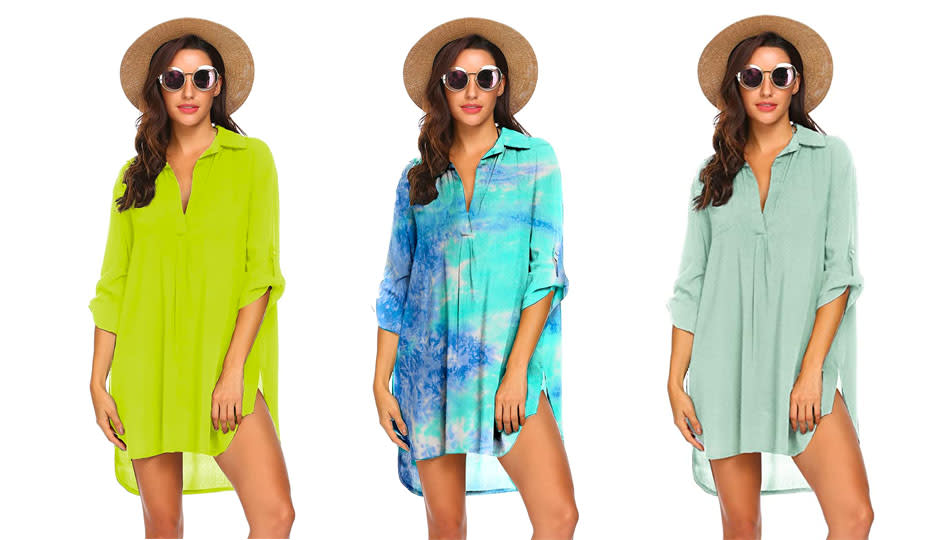 Ekouaer swim cover up in acid green, ocean pattern and light green