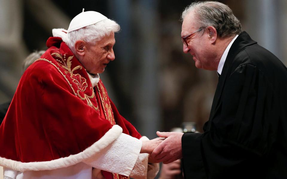 Matthew Festing, then Grand Master, greets Pope Benedict XVI during a Mass for the 900th anniversary of the Order of Malta in 2013 - Credit: Alessandro Bianchi/Reuters