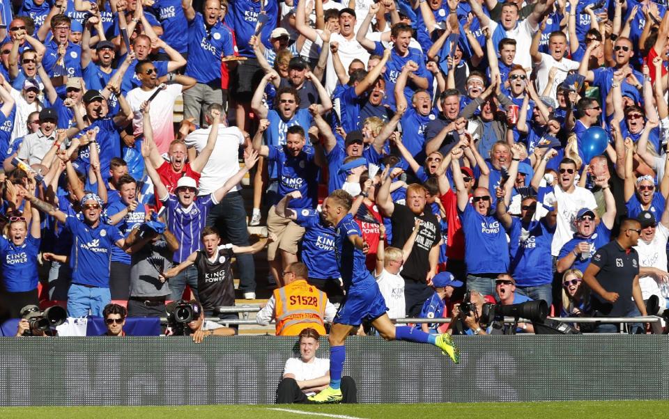 Football Soccer Britain - Leicester City v Manchester United - FA Community Shield - Wembley Stadium - 7/8/16 Leicester City's Jamie Vardy celebrates scoring their first goal Reuters / Eddie Keogh Livepic EDITORIAL USE ONLY. No use with unauthorized audio, video, data, fixture lists, club/league logos or "live" services. Online in-match use limited to 45 images, no video emulation. No use in betting, games or single club/league/player publications. Please contact your account representative for further details.