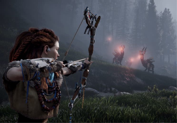 Horizon Zero Dawn Aloy with bow.