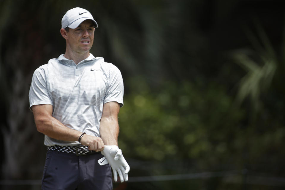 Rory McIlroy of Northern Ireland readies to tee off on the second hole during the final round of the RBC Heritage golf tournament, Sunday, June 21, 2020, in Hilton Head Island, S.C. (AP Photo/Gerry Broome)