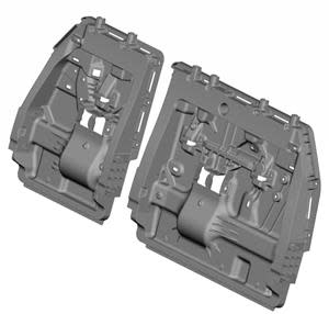 CAD rendering of the 2021 Toyota Sienna resin third row seatback panels developed by Toyota Motor North America Research & Development with supplier partner BASF and manufactured by Flex-N-Gate. The design and materials met lightweighting and improved customer performance targets while still achieving a lower cost.