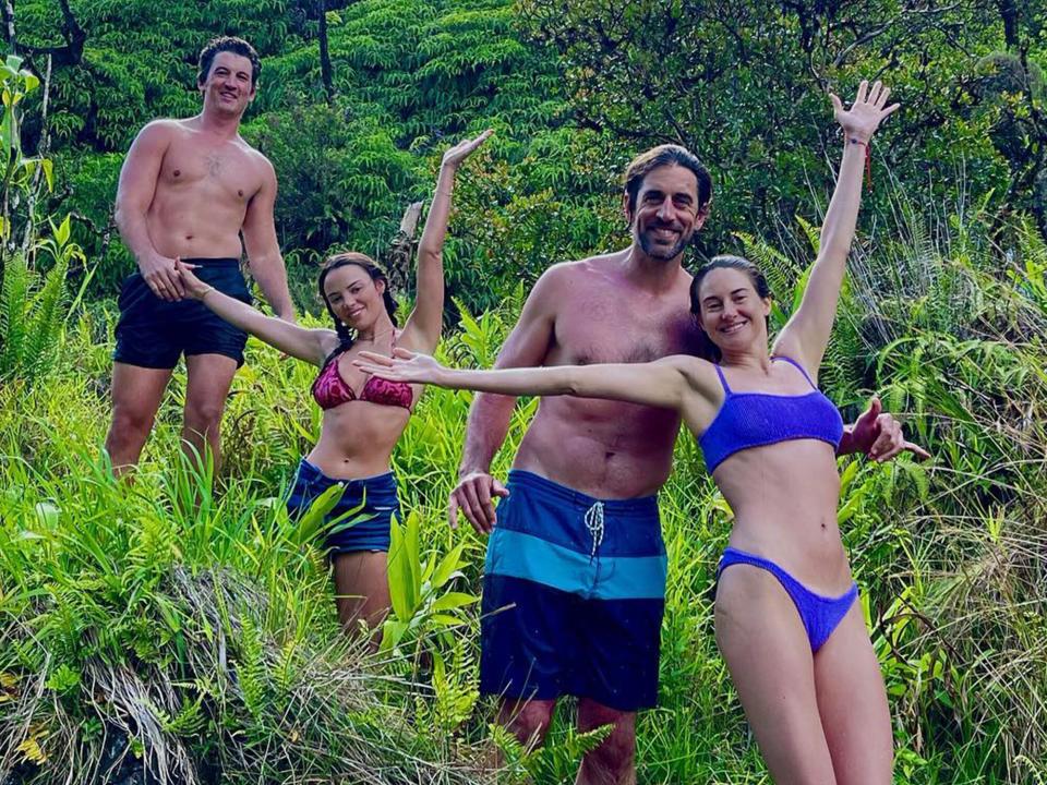 Miles Teller, Keleigh Sperry Teller, Aaron Rodgers and Shailene Woodley