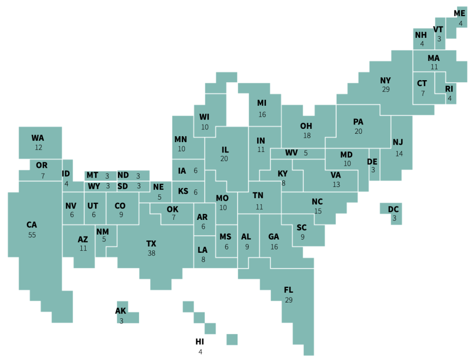 A map showing how the electoral college system is distributed. (Reuters)