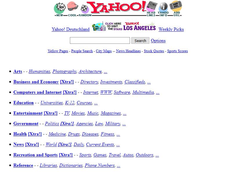 several rows of hyperlinks on the Yahoo website in 1996