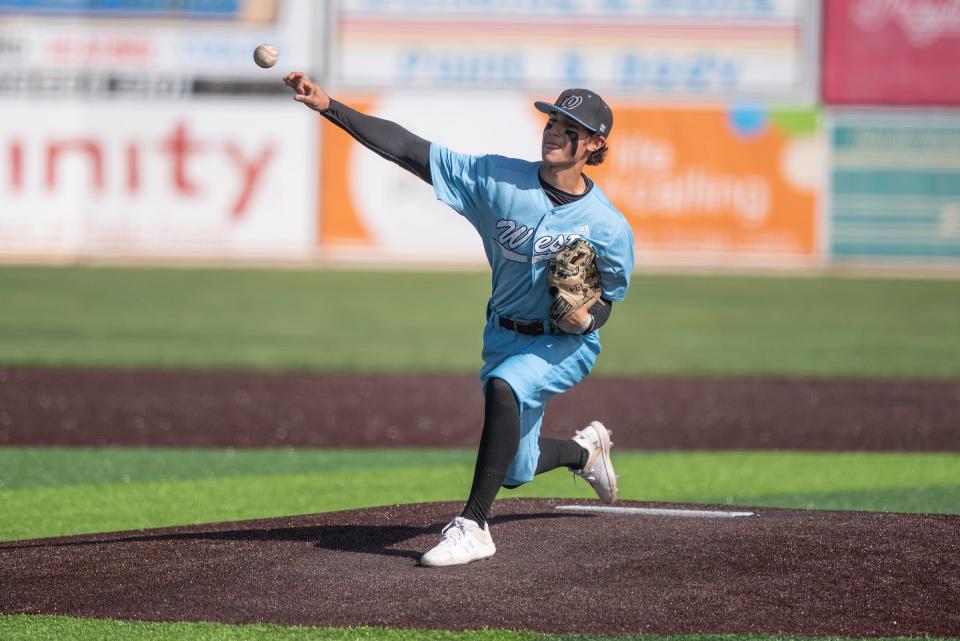 Pueblo West's Blake Mares throws a pitch during a game against Pueblo Centennial at Hobbs Field on Saturday, May 4, 2024.