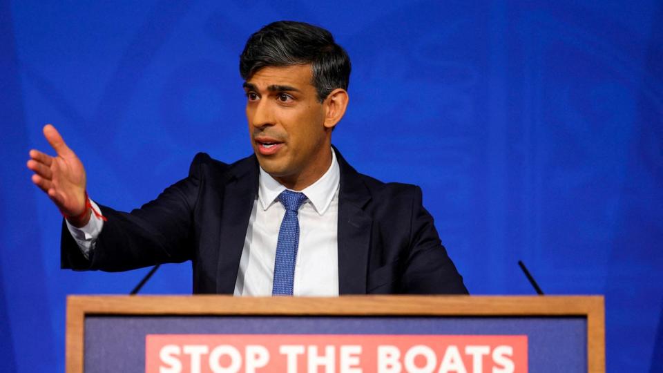 PHOTO: British Prime Minister Rishi Sunak speaks during a press conference at Downing Street in London, April 22, 2024.  (Toby Melville/Pool Photo via AP)