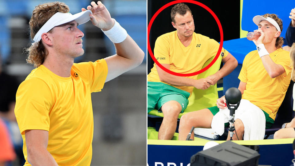 Pictured left is Max Purcell, with Aussie tennis great Lleyton Hewitt circled on the right.