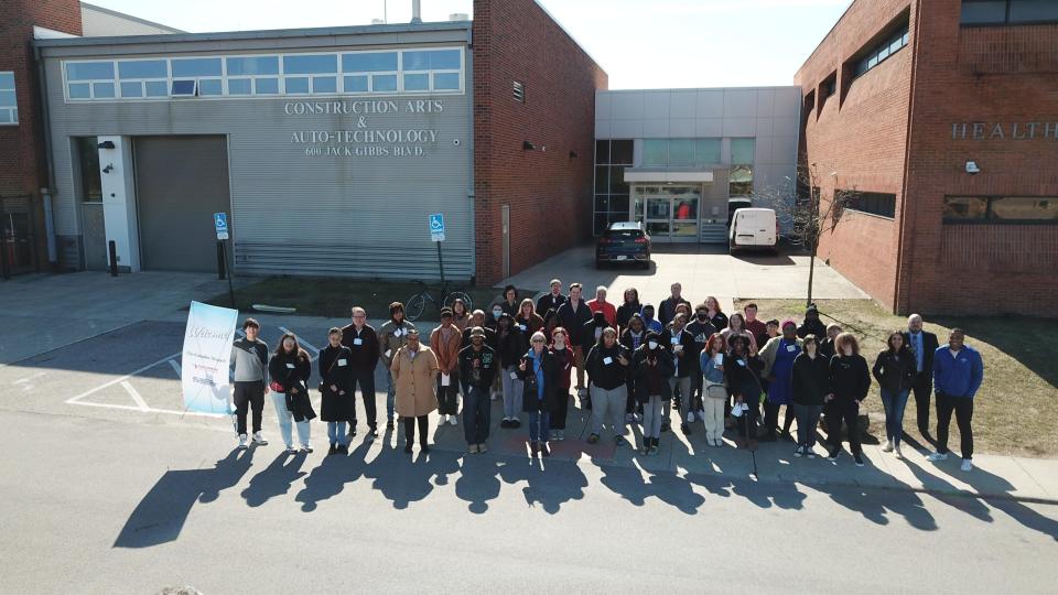 Feb 18, 2023; Columbus, Ohio, USA; Participants in the Columbus Dispatch Journalists in Training seminars outside the Fort Hayes Career Center. The event is sponsored by the Society of Professional Journalists and the Columbus Dispatch. Mandatory Credit: Doral Chenoweth-The Columbus Dispatch