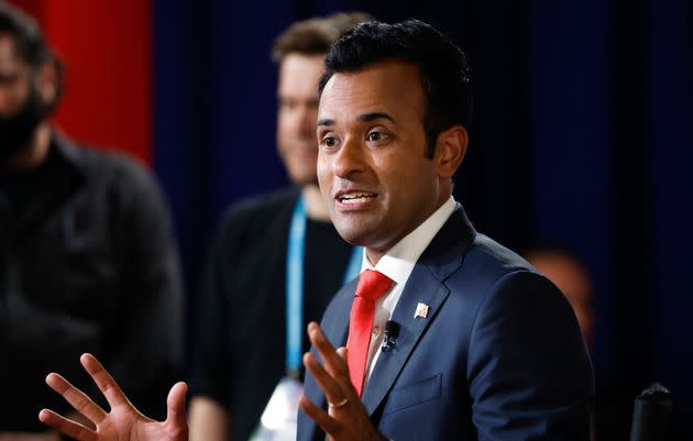 Entrepreneur and author Vivek Ramaswamy is interviewed in the Spin Room following the first Republican Presidential primary debate at the Fiserv Forum in Milwaukee, Wisconsin, on Aug. 23, 2023.