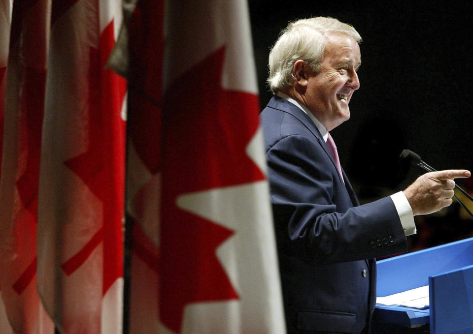 Former Prime Minister Brian Mulroney speaks to delegates at the PC party's leadership convention in Toronto, Friday, May 30, 2003. Mulroney has died at the age of 84, his daughter Caroline Mulroney posted on social media, Thursday, Feb. 29, 2024. (Kevin Frayer/The Canadian Press via AP)