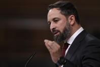 Vox party leader Santiago Abascal gives a speech during a parliamentary session in Madrid, Spain, Wednesday Oct. 21, 2020. Spanish Prime Minister Pedro Sanchez faces a no confidence vote in Parliament put forth by the far right opposition party VOX. (AP Photo/Manu Fernandez, Pool)