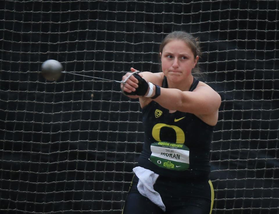 Oregon’s Shelby Moran competes in the women hammer throw at the Oregon Preview track and field meet at Hayward Field Friday, March 22, 2024 in Eugene, Oregon.