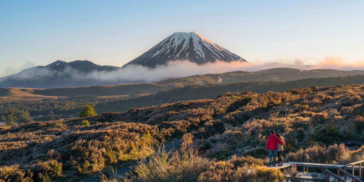 A volcano is in the background of this New Zealand landscape and is surrounded by trees and clouds.