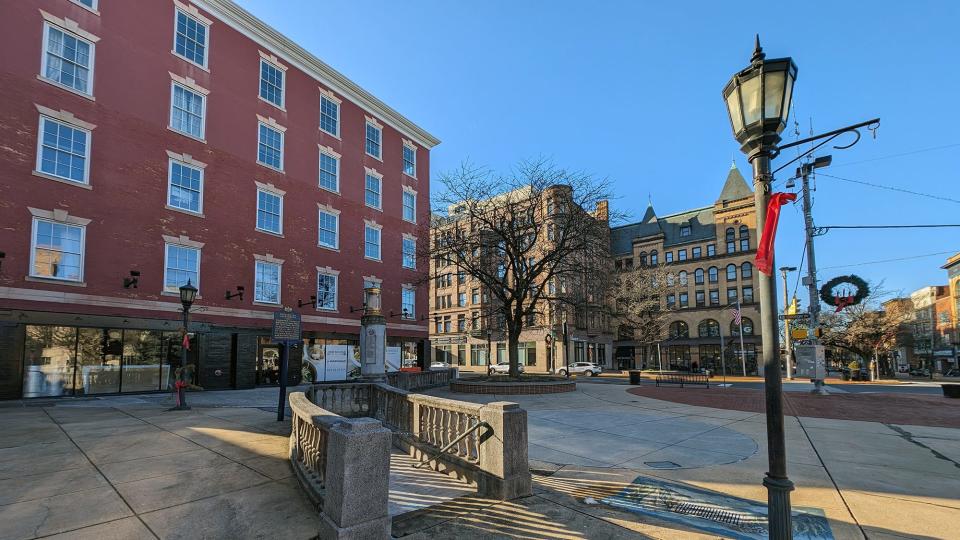 A look from York’s Continental Square’s southeast angle across South George Street to where the Globe Inn stood until 1892. It was replaced by the Rupp Building, the structure with the arched windows.