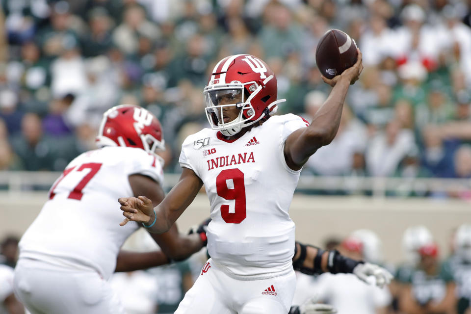 Indiana quarterback Michael Penix (9) throws a pass against Michigan State during the first quarter of an NCAA college football game, Saturday, Sept. 28, 2019, in East Lansing, Mich. (AP Photo/Al Goldis)