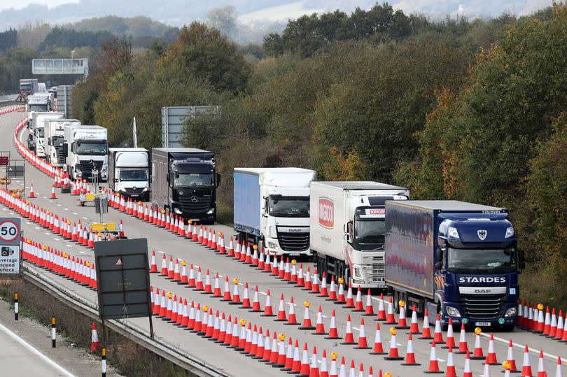 Traffic passes through Operation Brock on the M20 in Ashford, Kent