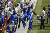 Los Angeles Rams' Robert Woods (17) and Michael Brockers (90) celebrate after Woods scored a touchdown during the second half of an NFL football game against the Buffalo Bills Sunday, Sept. 27, 2020, in Orchard Park, N.Y. (AP Photo/John Munson)