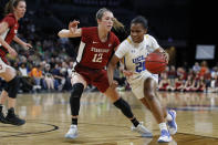 UCLA's Charisma Osborne (20) drives around Stanford's Lexie Hull (12) during the second half of an NCAA college basketball game in the semifinal round of the Pac-12 women's tournament Saturday, March 7, 2020, in Las Vegas. (AP Photo/John Locher)