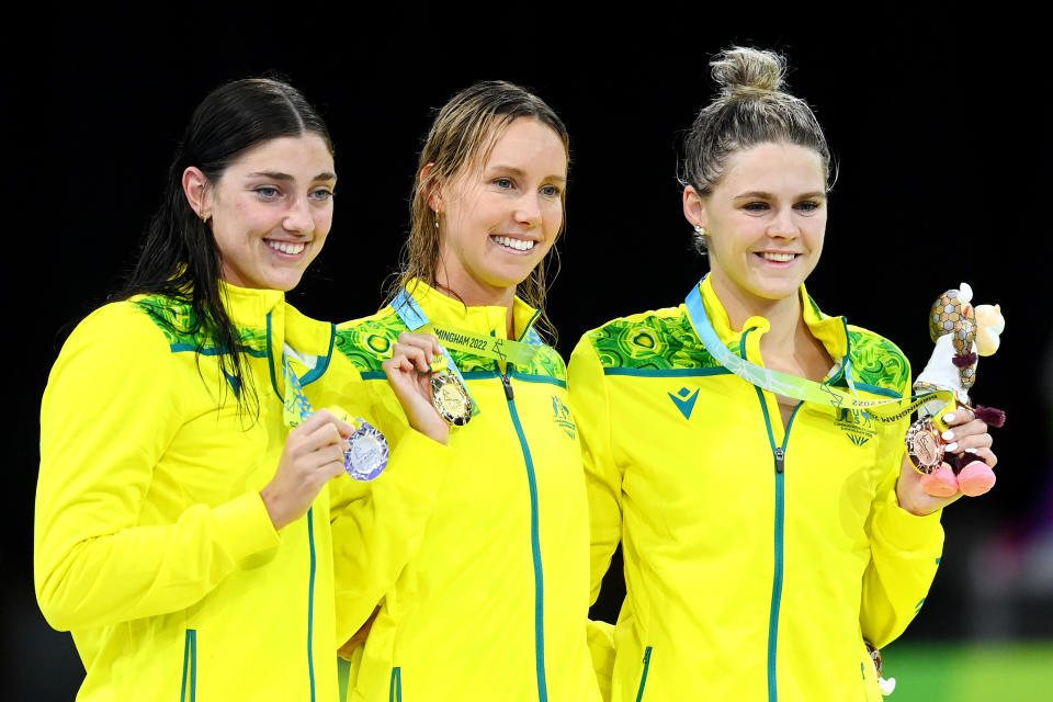 Meg Harris, Emma McKeon and Shayna Jack, pictured here with their medals after the 50m freestyle final at the Commonwealth Games.