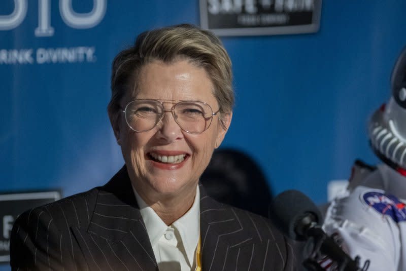 Annette Bening takes questions following a roast in her honor as she is named the Harvard University's Hasty Pudding Theatricals 2024 Woman of the Year in Cambridge, Mass., on February 6. File Photo by Amanda Sabga/UPI