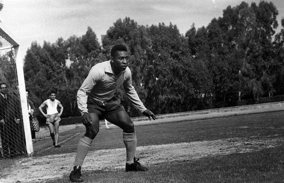 Brazilian World Cup star Pele, said by many to be the greatest footballer of all time, during a training session. (Photo by Express/Express/Getty Images)