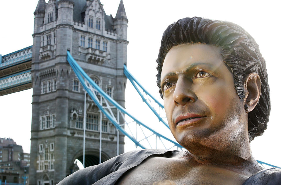 NOW TV recreates Jurassic Park’s most famous meme with a 25ft statue of Jeff Goldblum’s torso in front of Tower Bridge to mark 25 years since it hit the big screen (Now TV)