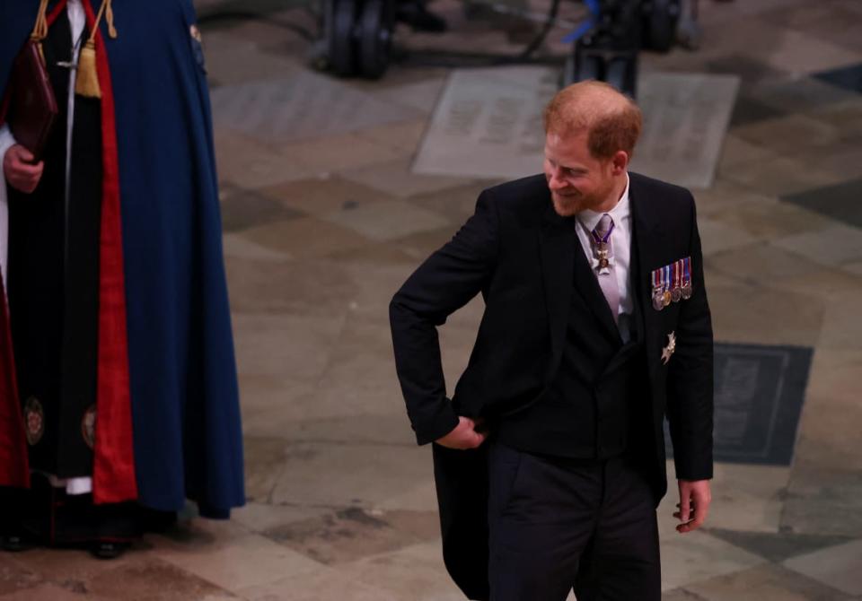 <div class="inline-image__caption"><p>Britain’s Prince Harry, Duke of Sussex, attends Britain’s King Charles and Queen Camilla}s coronation ceremony at Westminster Abbey, in London, England, May 6, 2023.</p></div> <div class="inline-image__credit">Phil Noble/Pool/Reuters</div>